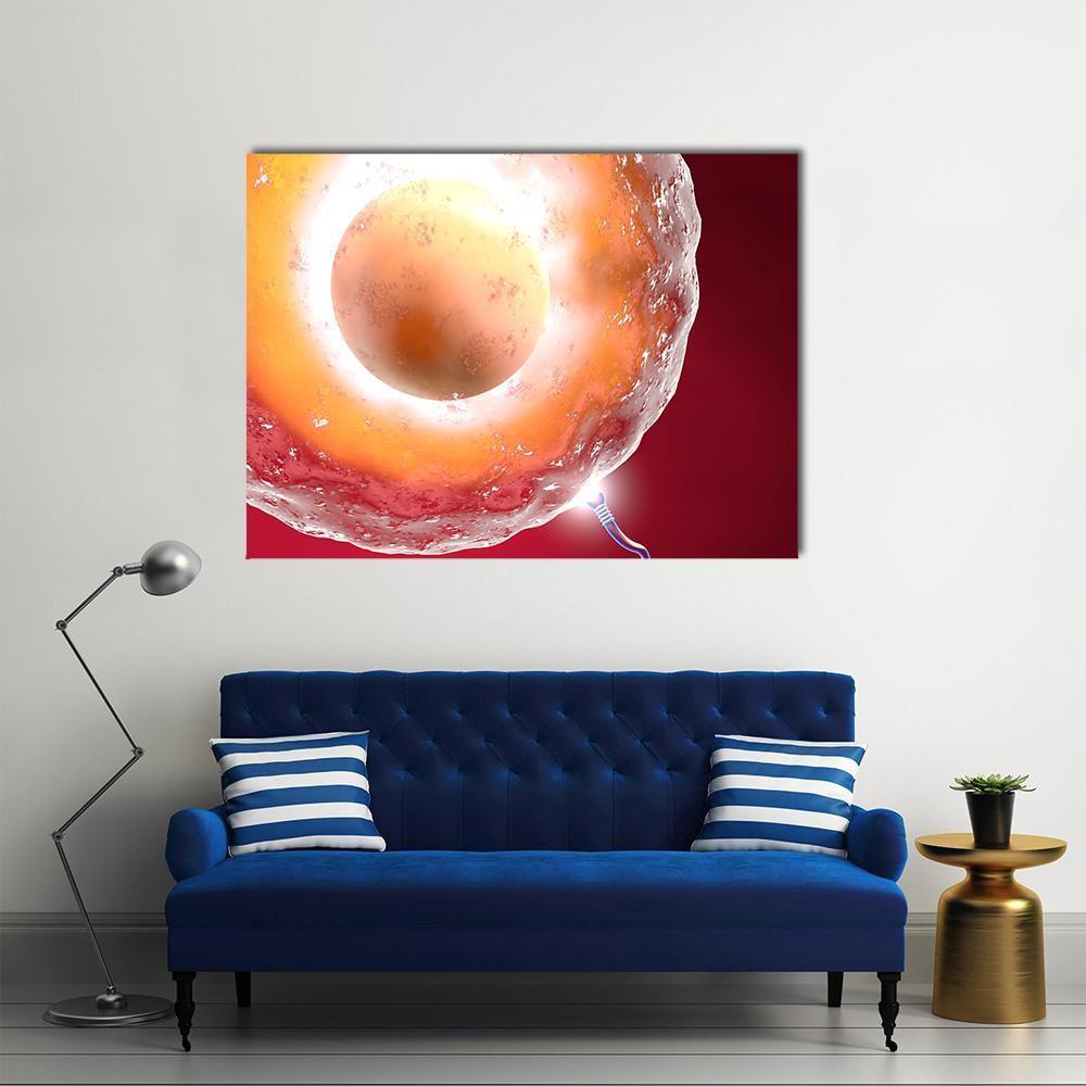 Ovum and Sperm Canvas Wall Art in red, orange and yellow, single panel hung on a wall