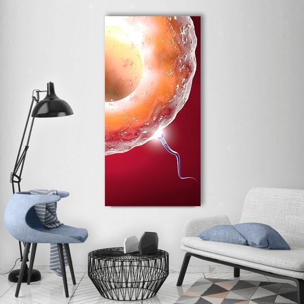 Ovum and Sperm Fertilization Close-up Vertical Canvas Wall Art in white, red and orange, single vertical panel hung on a wall