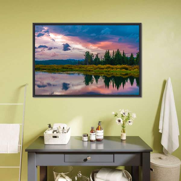 Oxbow Bend Sunset Canvas Wall Art-1 Piece-Floating Frame-24" x 16"-Tiaracle