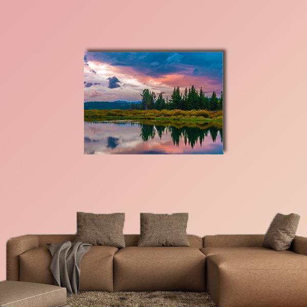 Oxbow Bend Sunset Canvas Wall Art-1 Piece-Gallery Wrap-48" x 32"-Tiaracle