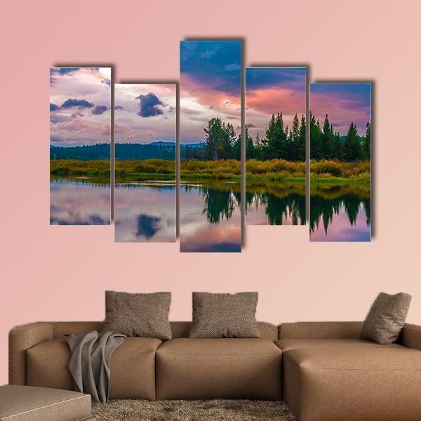 Oxbow Bend Sunset Canvas Wall Art-5 Pop-Gallery Wrap-47" x 32"-Tiaracle