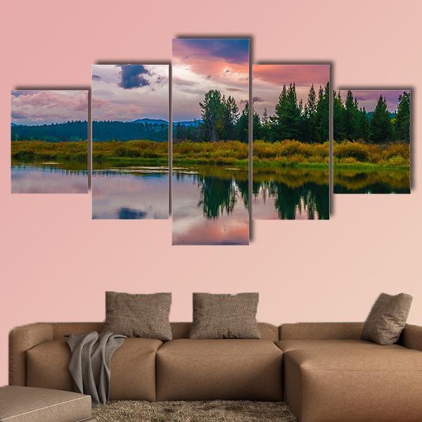 Oxbow Bend Sunset Canvas Wall Art-5 Star-Gallery Wrap-62" x 32"-Tiaracle