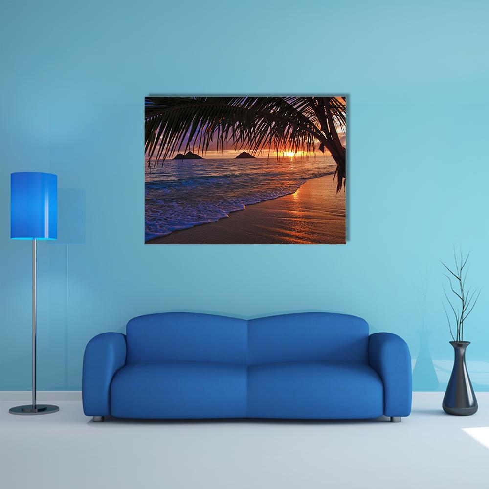 Pacific Sunrise at Lanikai Beach Canvas Wall Art in orange, blue and purple, single panel hung on a wall