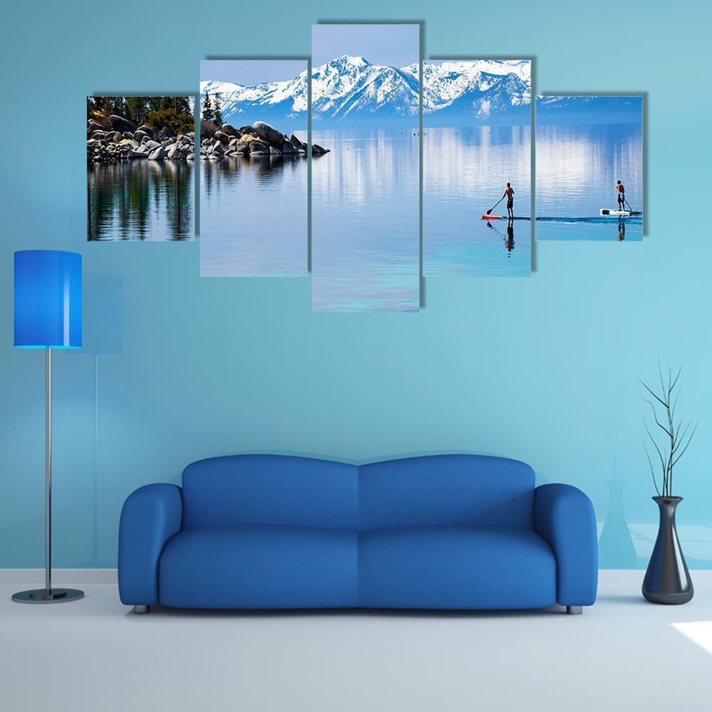 Paddle Boarding In Lake Canvas Wall Art-5 Star-Gallery Wrap-62" x 32"-Tiaracle