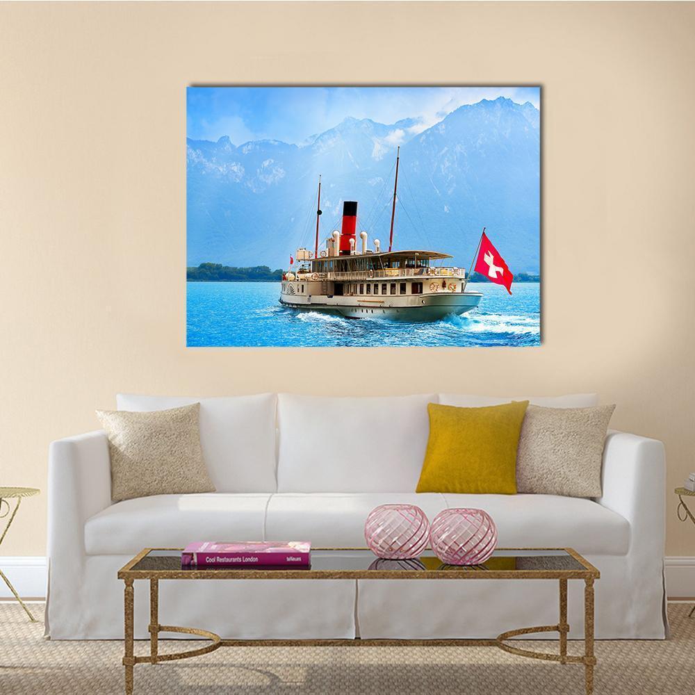 Paddle Steamer on Lake with Swiss Flag Canvas Wall Art in white, beige and blue, single panel hung on a wall