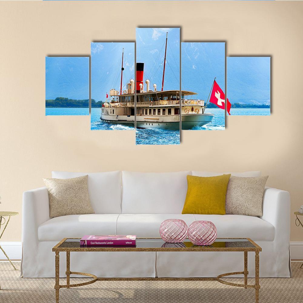 Paddle Steamer In Geneva Lake Canvas Wall Art-5 Star-Gallery Wrap-62" x 32"-Tiaracle