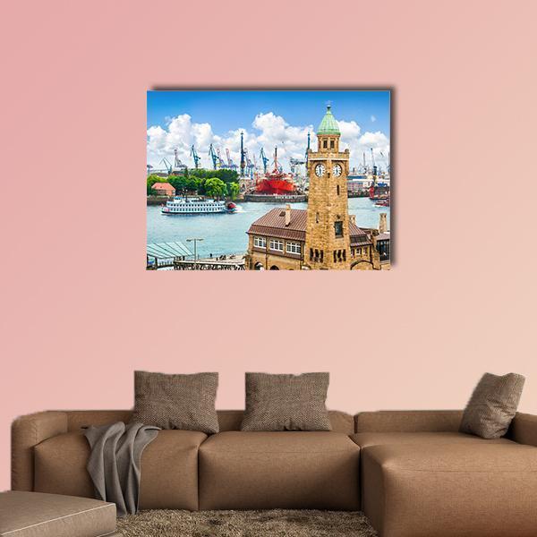 Paddle Steamer on Elbe River Canvas Wall Art in beige, brown and blue, single panel hung on a wall