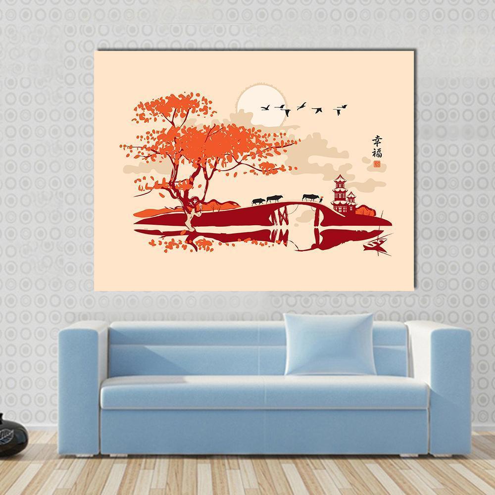 Pagoda Bridge and Birds at Sunset Canvas Wall Art in beige, red and orange, single panel hung on a wall