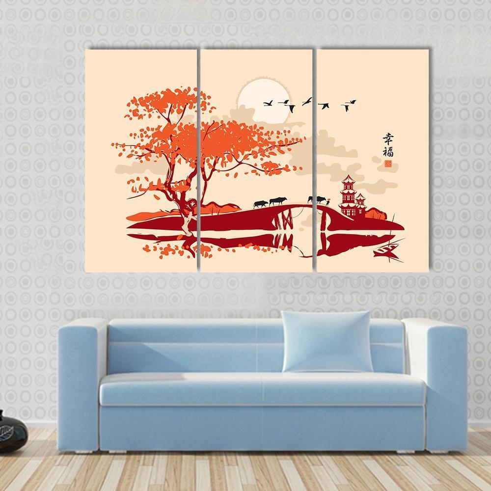 Pagoda Bridge And Birds At Sunset Canvas Wall Art-3 Horizontal-Gallery Wrap-37" x 24"-Tiaracle