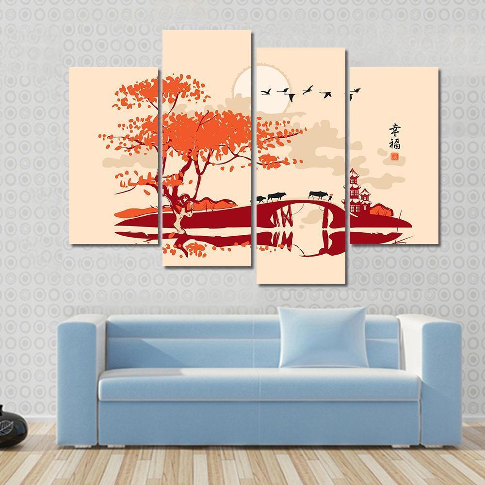Pagoda Bridge And Birds At Sunset Canvas Wall Art-4 Pop-Gallery Wrap-50" x 32"-Tiaracle