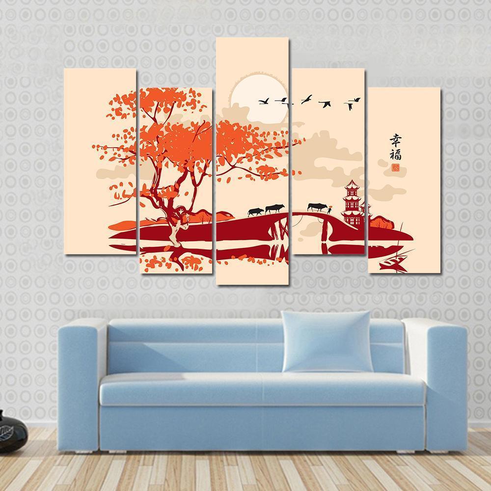 Pagoda Bridge And Birds At Sunset Canvas Wall Art-5 Pop-Gallery Wrap-47" x 32"-Tiaracle