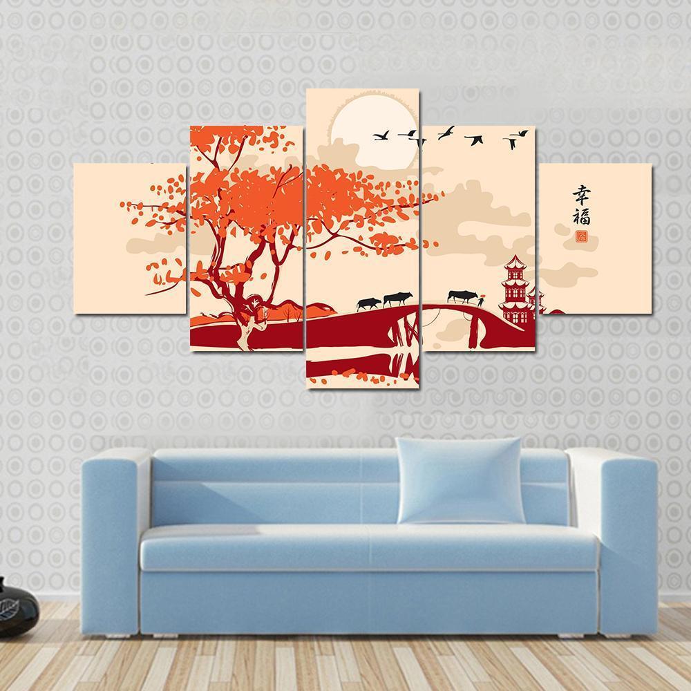 Pagoda Bridge And Birds At Sunset Canvas Wall Art-5 Star-Gallery Wrap-62" x 32"-Tiaracle