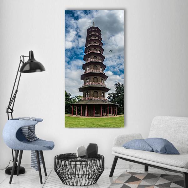 Kew Gardens Pagoda Vertical Canvas Wall Art in white, brown and blue, single vertical panel hung on a wall