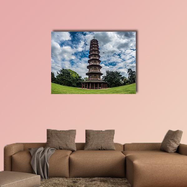 Pagoda at Kew Gardens Canvas Wall Art in white, green and blue, single panel hung on a wall