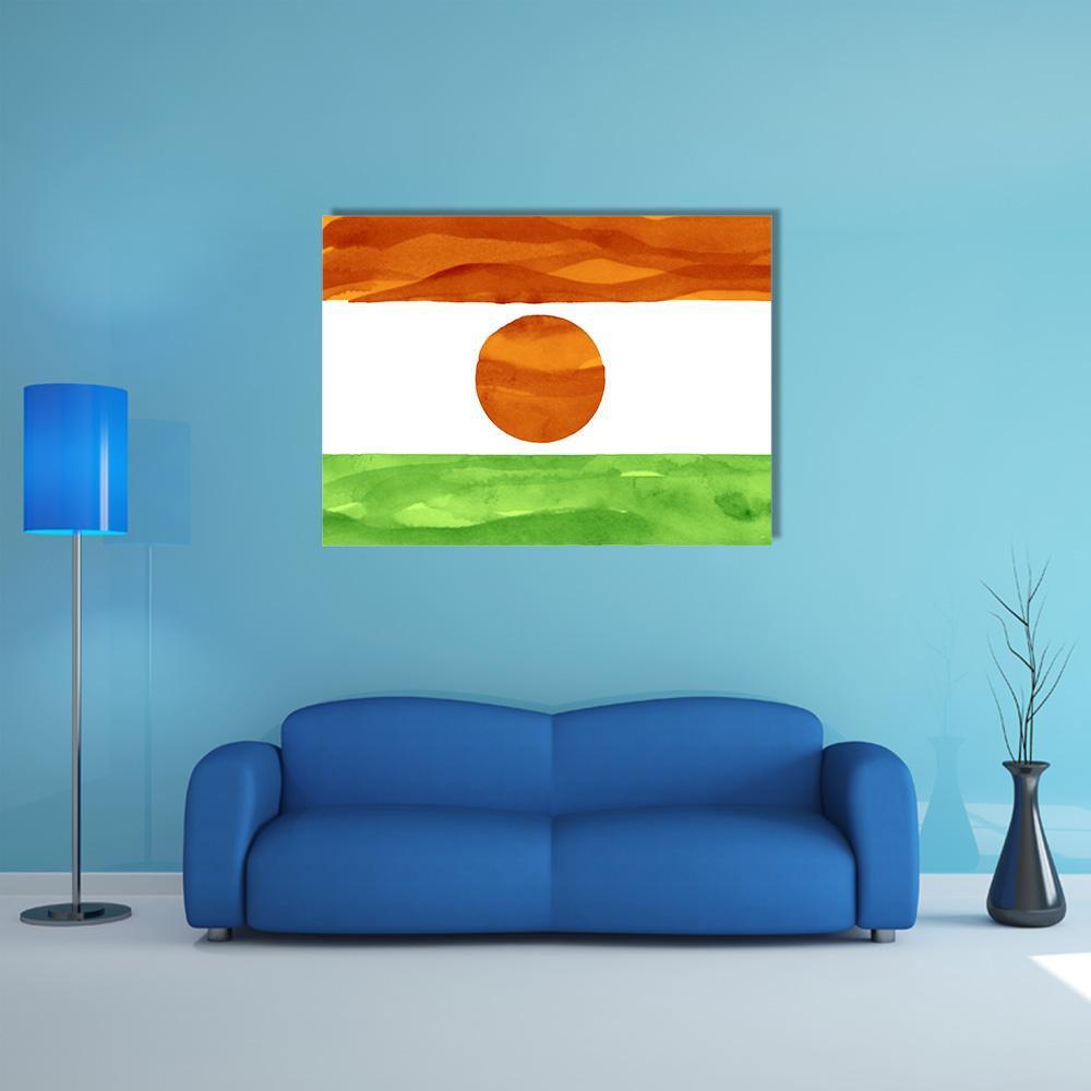 Watercolor Niger Flag Canvas Wall Art in white, orange and green, single panel hung on a wall