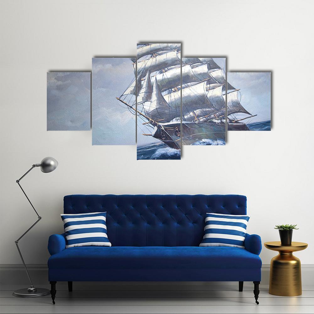 Painting Of A Sail Ship Canvas Wall Art-5 Star-Gallery Wrap-62" x 32"-Tiaracle