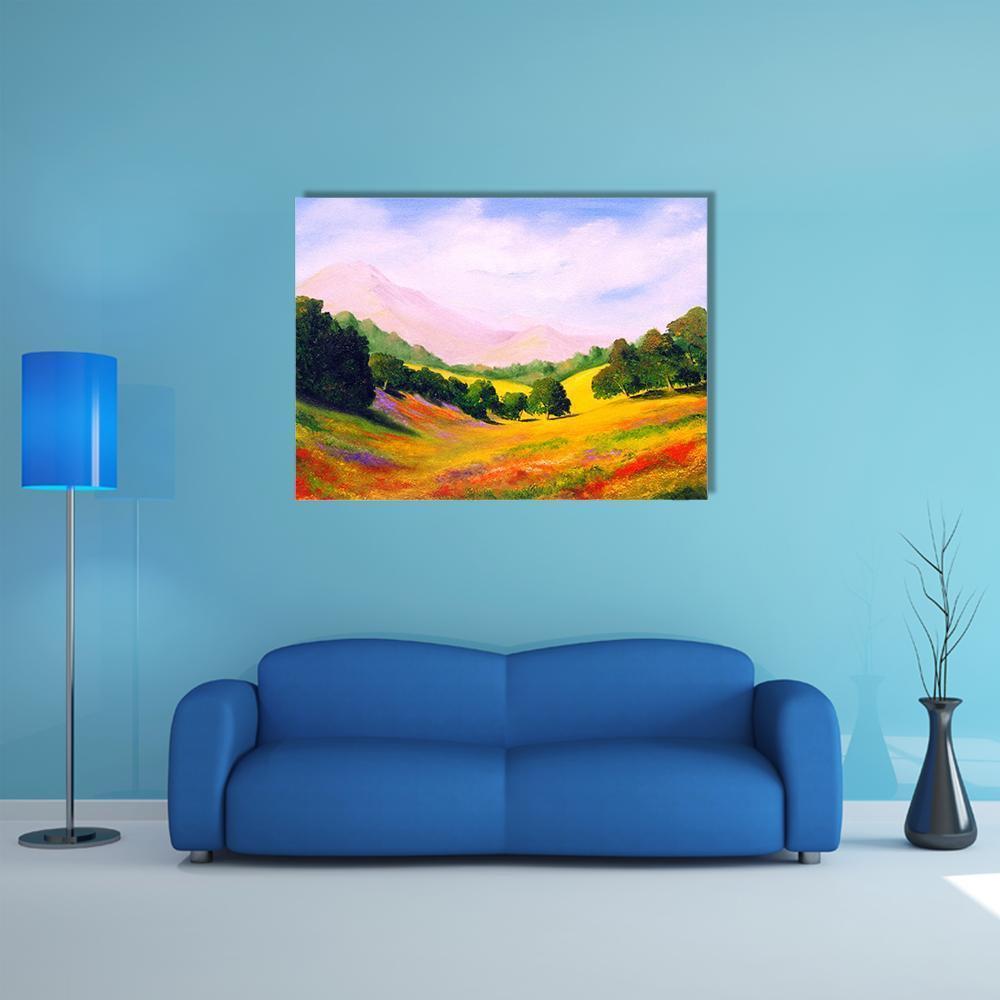 Wildflower Field Over Rolling Hills Canvas Wall Art in yellow, green and pink, single panel hung on a wall
