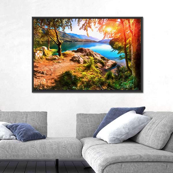 Painting Of Mountain Lake With Sunset Panoramic Canvas Wall Art-1 Piece-36" x 12"-Tiaracle