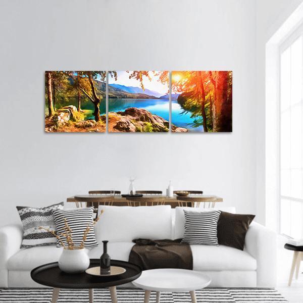 Painting Of Mountain Lake With Sunset Panoramic Canvas Wall Art-3 Piece-25" x 08"-Tiaracle