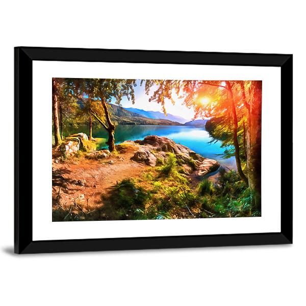 Painting Of Mountain Lake With Sunset Panoramic Canvas Wall Art-1 Piece-36" x 12"-Tiaracle