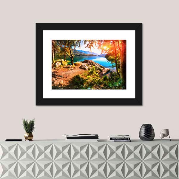 Painting Of Mountain Lake With Sunset Panoramic Canvas Wall Art-1 Piece-36" x 12"-Tiaracle