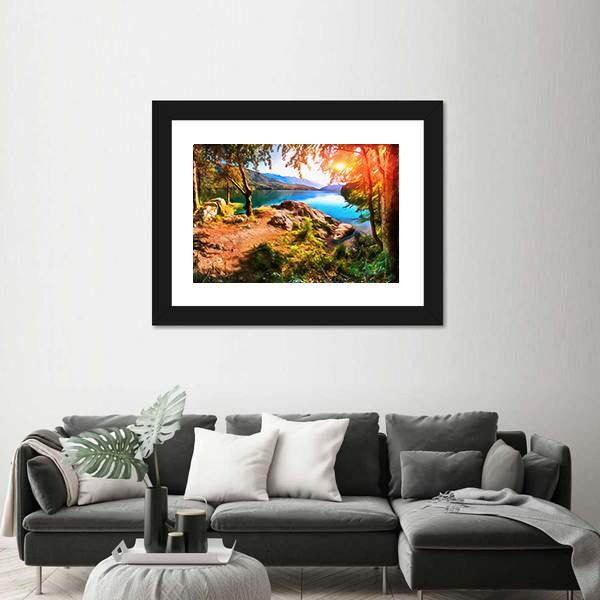 Painting Of Mountain Lake With Sunset Panoramic Canvas Wall Art-1 Piece-36" x 12"-Tiaracle