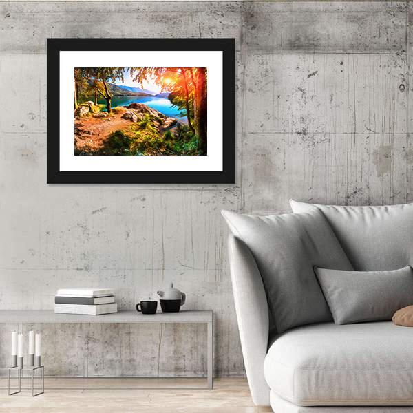 Painting Of Mountain Lake With Sunset Panoramic Canvas Wall Art-1 Piece-36" x 12"-Tiaracle