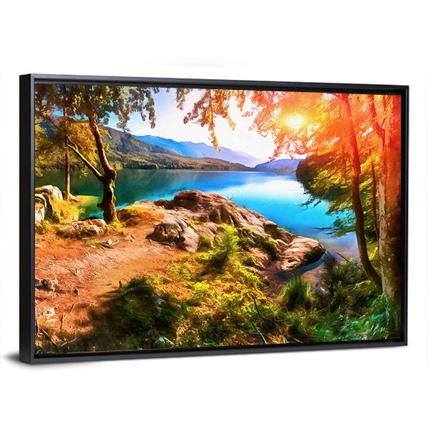 Painting Of Mountain Lake With Sunset Panoramic Canvas Wall Art-1 Piece-36" x 12"-Tiaracle