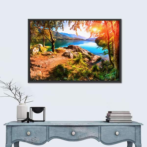 Painting Of Mountain Lake With Sunset Panoramic Canvas Wall Art-1 Piece-36" x 12"-Tiaracle