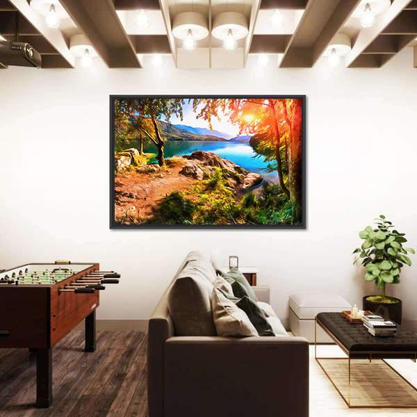 Painting Of Mountain Lake With Sunset Panoramic Canvas Wall Art-1 Piece-36" x 12"-Tiaracle