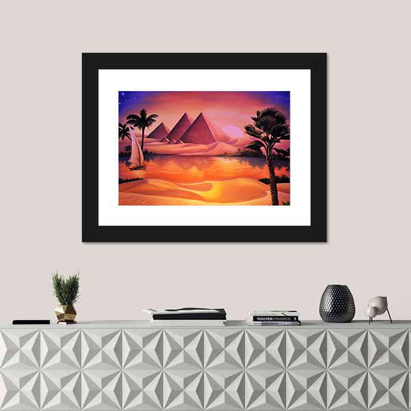 Painting Of Pyramid Ancient Egypt And Nile River Canvas Wall Art-5 Horizontal-Gallery Wrap-22" x 12"-Tiaracle