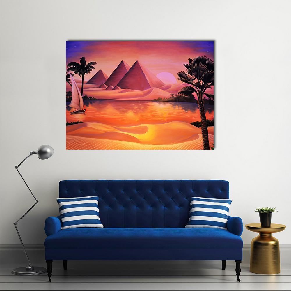 Pyramids and Nile River at Sunset Canvas Wall Art in orange, purple and pink, single panel hung on a wall
