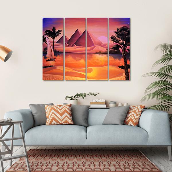 Painting Of Pyramid Ancient Egypt And Nile River Canvas Wall Art-4 Horizontal-Gallery Wrap-34" x 24"-Tiaracle