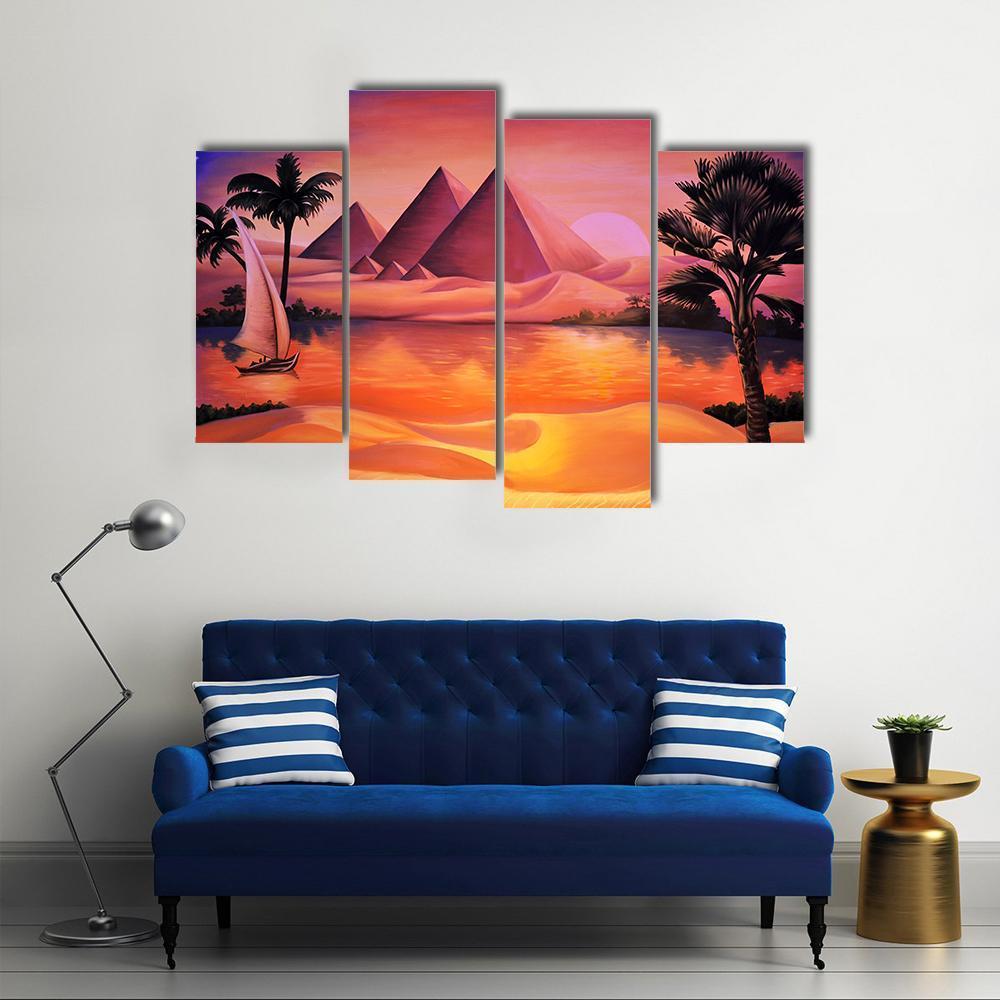 Painting Of Pyramid Ancient Egypt And Nile River Canvas Wall Art-4 Pop-Gallery Wrap-50" x 32"-Tiaracle
