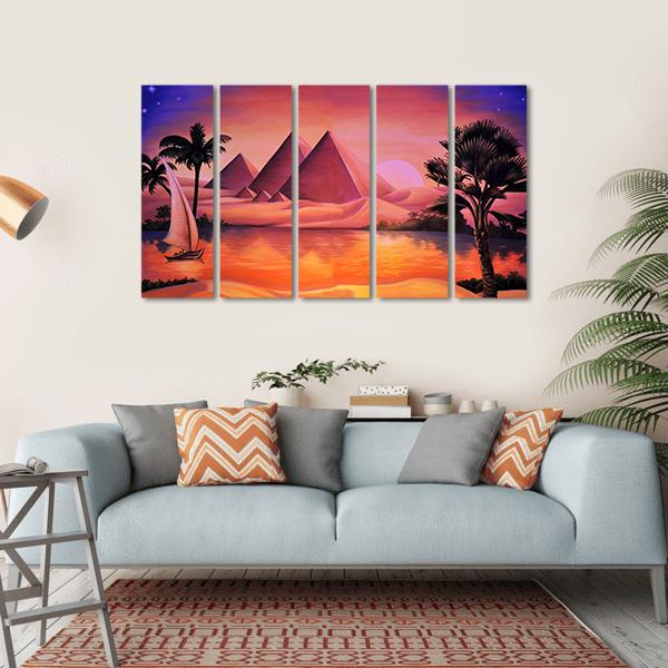 Painting Of Pyramid Ancient Egypt And Nile River Canvas Wall Art-5 Horizontal-Gallery Wrap-22" x 12"-Tiaracle