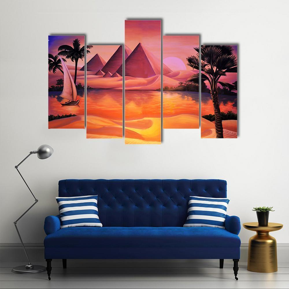 Painting Of Pyramid Ancient Egypt And Nile River Canvas Wall Art-5 Pop-Gallery Wrap-47" x 32"-Tiaracle