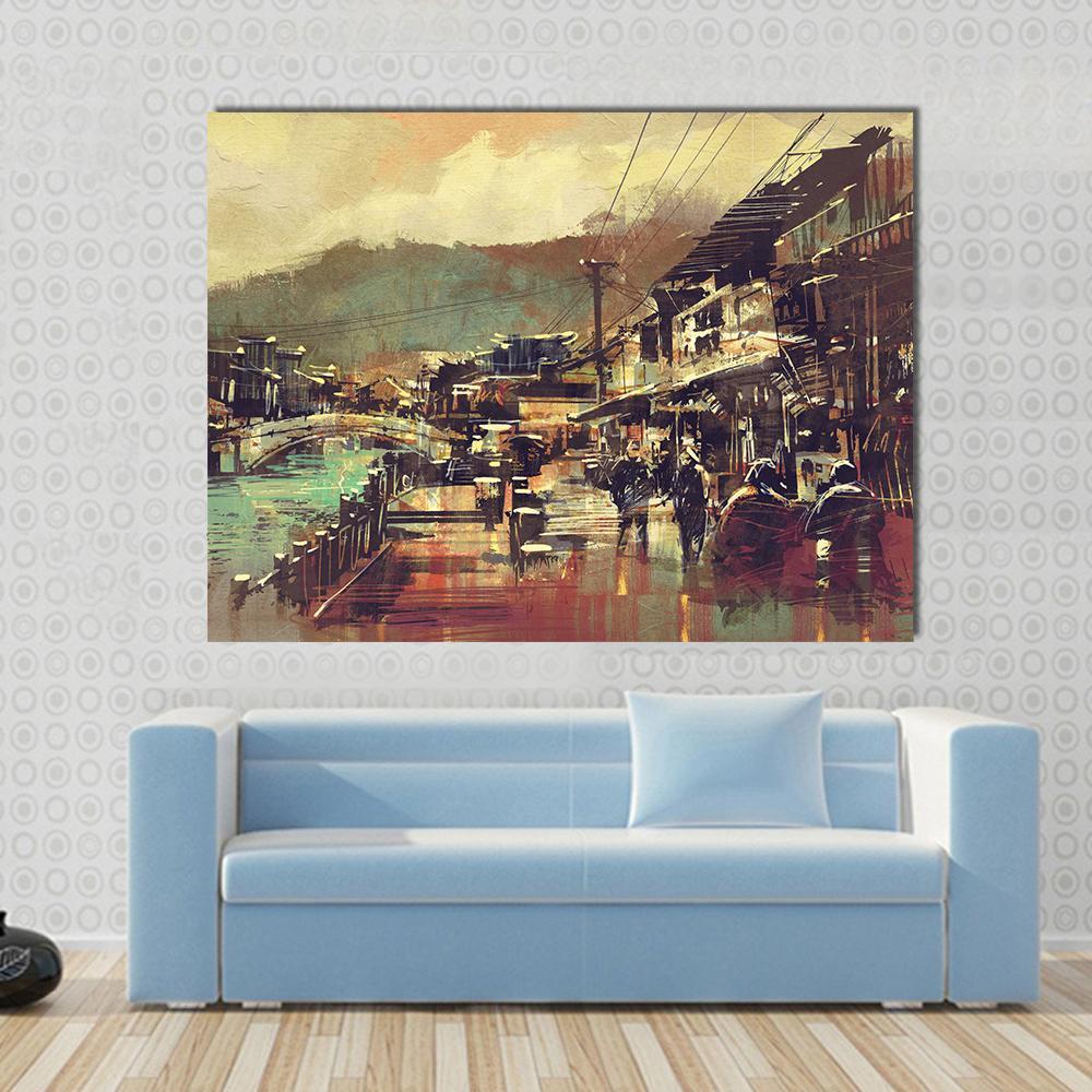 Painting Of Village With A Bridge And Old Buildings Canvas Wall Art-5 Pop-Gallery Wrap-47" x 32"-Tiaracle