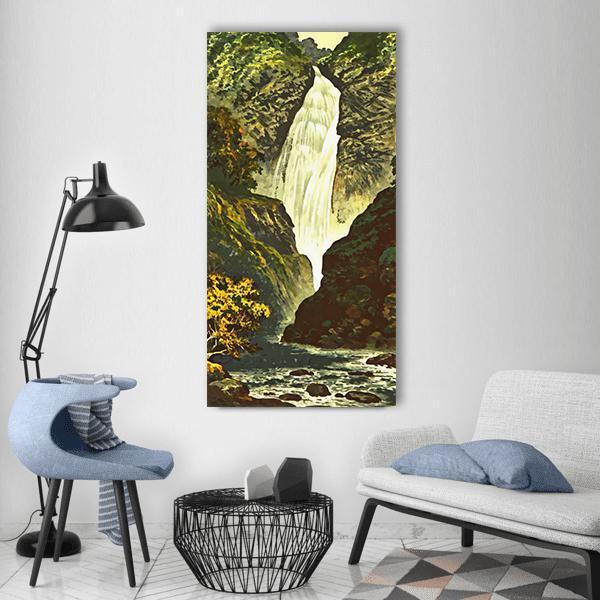 Lush Waterfall and River Painting Vertical Canvas Wall Art in white, brown and green, single vertical panel hung on a wall