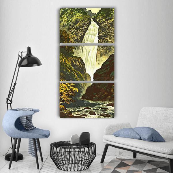 Painting Of Waterfall And River Vertical Canvas Wall Art-3 Vertical-Gallery Wrap-12" x 25"-Tiaracle