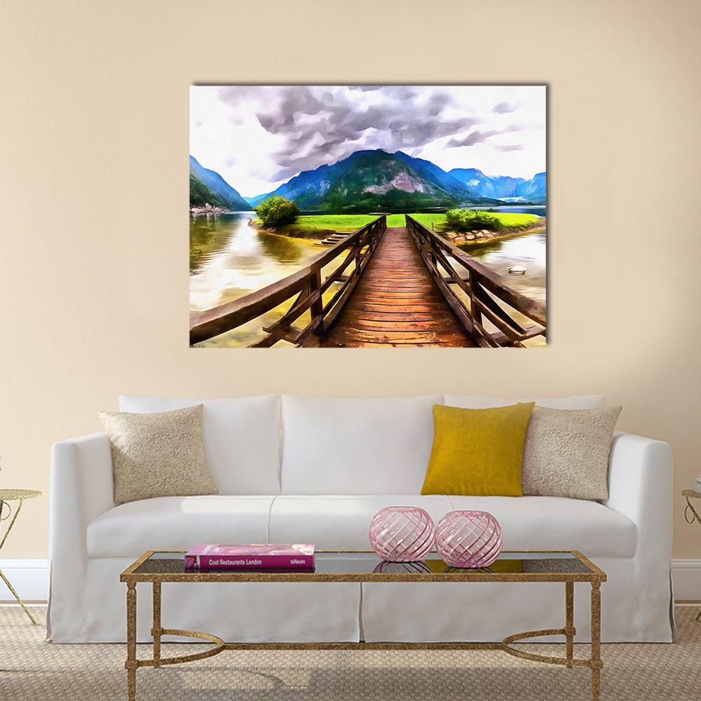 Painting Of Wooden Bridge Canvas Wall Art-4 Horizontal-Gallery Wrap-34" x 24"-Tiaracle