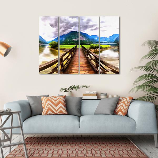 Painting Of Wooden Bridge Canvas Wall Art-4 Horizontal-Gallery Wrap-34" x 24"-Tiaracle