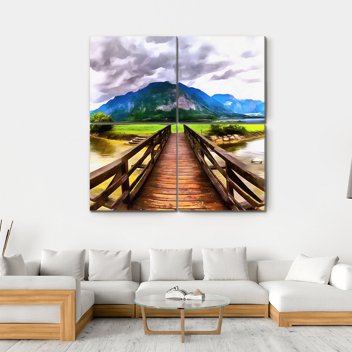Painting Of Wooden Bridge Canvas Wall Art-4 Square-Gallery Wrap-17" x 17"-Tiaracle