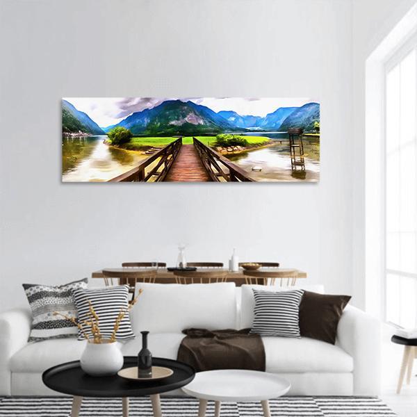 Painting Of Wooden Bridge Panoramic Canvas Wall Art-3 Piece-25" x 08"-Tiaracle