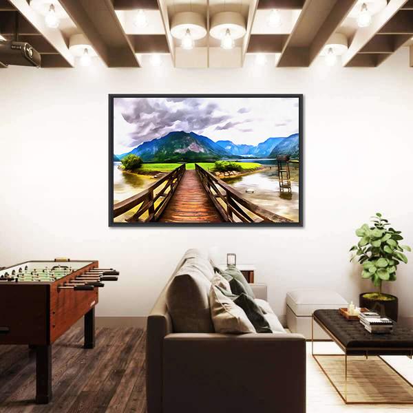 Painting Of Wooden Bridge Panoramic Canvas Wall Art-1 Piece-36" x 12"-Tiaracle