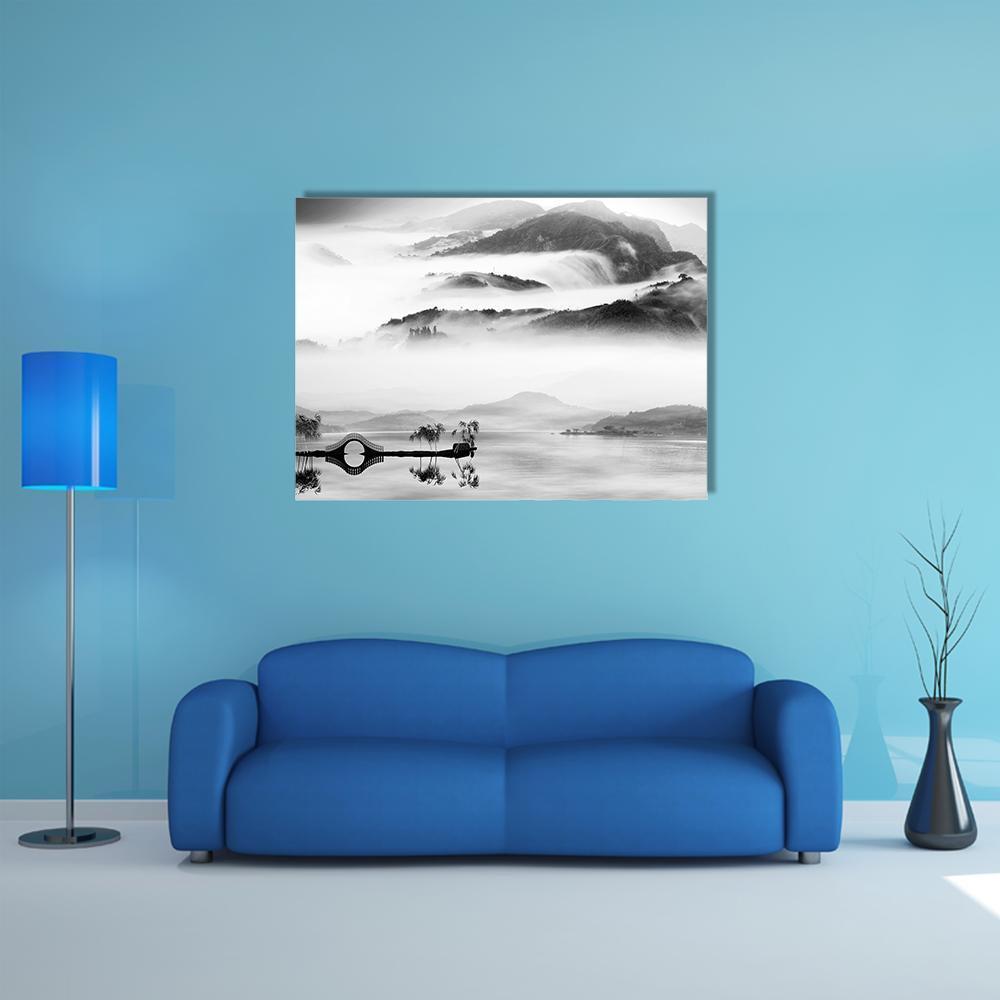 Chinese Landscape Painting Canvas Wall Art in black, white and gray, single panel hung on a wall