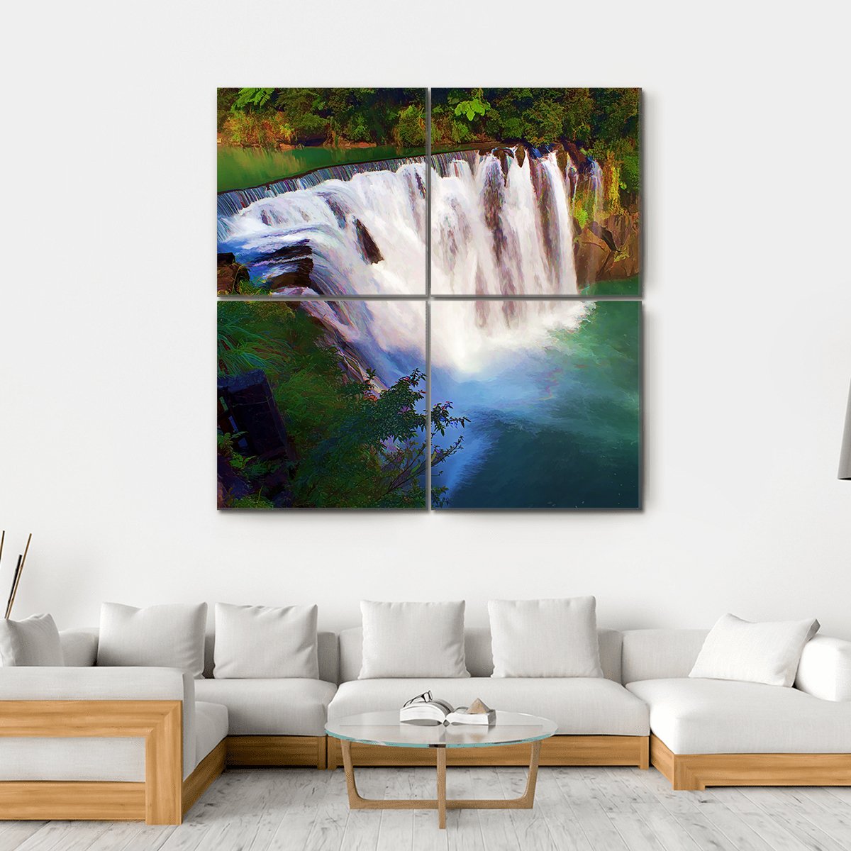 Painting Style Of Shifen Waterfall In Taiwan Canvas Wall Art-4 Square-Gallery Wrap-17" x 17"-Tiaracle
