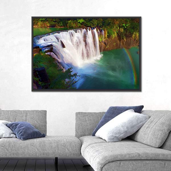 Painting Style Of Shifen Waterfall In Taiwan Canvas Wall Art-3 Horizontal-Gallery Wrap-25" x 16"-Tiaracle