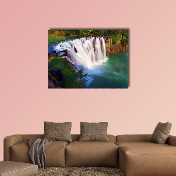 Shifen Waterfall Painting, Taiwan Canvas Wall Art in white, green and blue, single panel hung on a wall