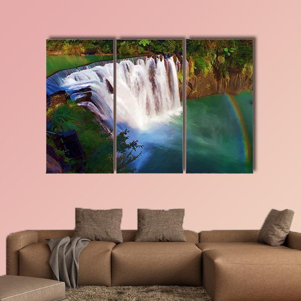 Painting Style Of Shifen Waterfall In Taiwan Canvas Wall Art-3 Horizontal-Gallery Wrap-37" x 24"-Tiaracle