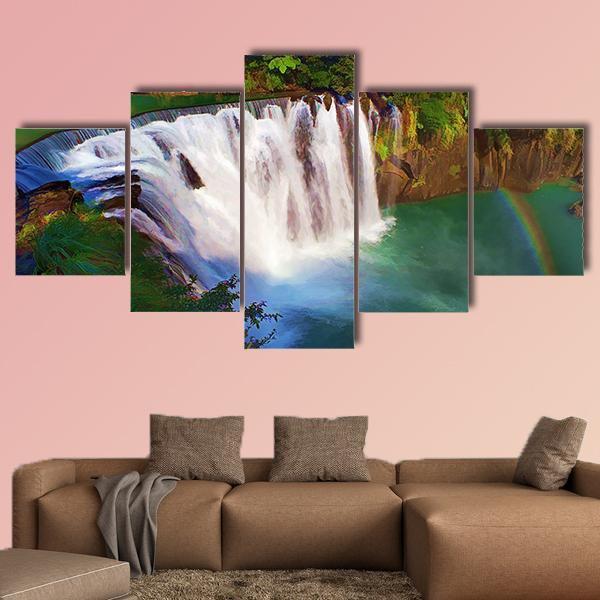 Painting Style Of Shifen Waterfall In Taiwan Canvas Wall Art-5 Star-Gallery Wrap-62" x 32"-Tiaracle